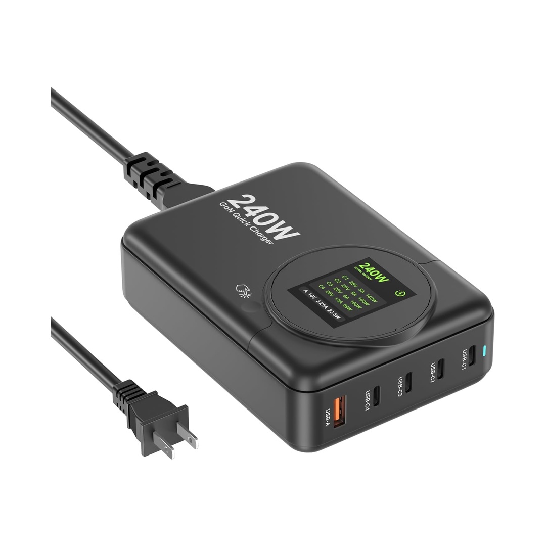 240W GaN Charger, 5-Port USB C Charger with 140W Max PD 3.1 Port, LED Display Desktop Charging Station Adapter