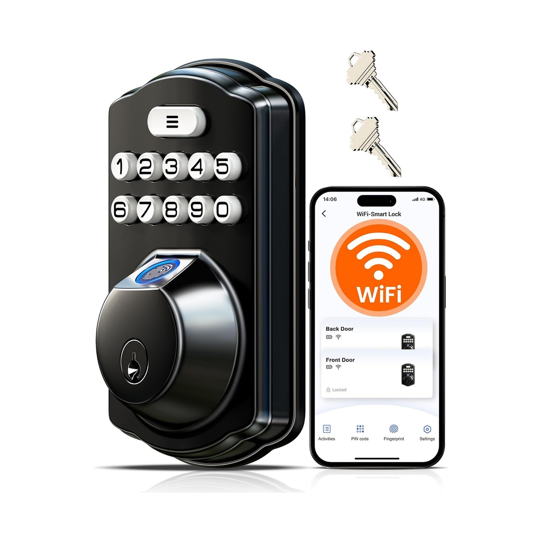 Veise VE012W WiFi Fingerprint Smart Lock for Front Door, Matte Black