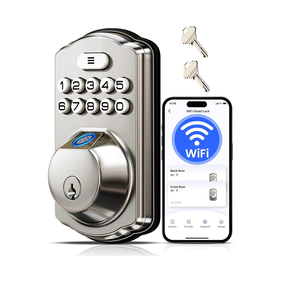 Veise VE012W WiFi Fingerprint Smart Lock for Front Door, Satin Nickel