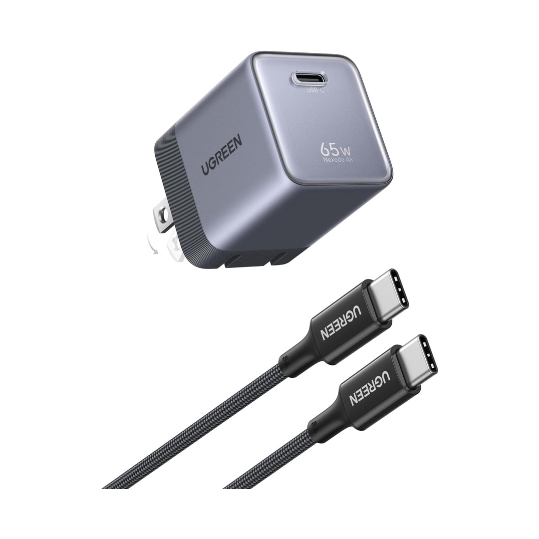 UGREEN Nexode Air 65W USB C GaN Charger Block with 3.3ft Cable, Gray | AVS Fast Charging for iPhone 18 Pro Max