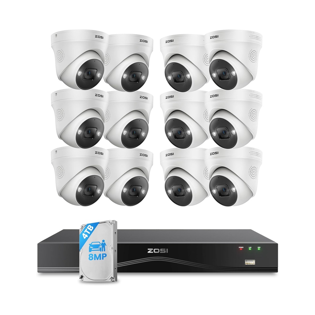 ZOSI 4K 16CH PoE Security Camera System, 12x 8MP Outdoor Cameras, 4TB HDD